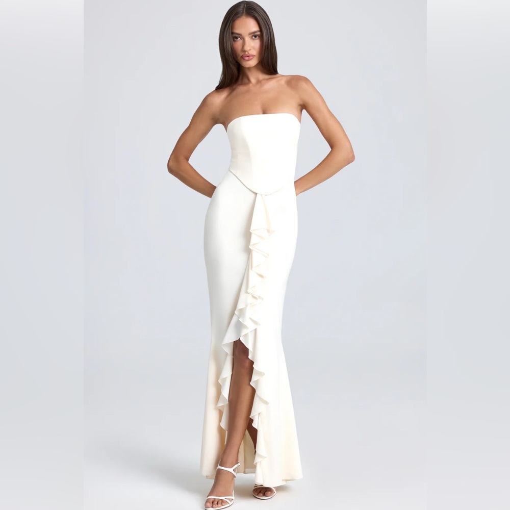 Oh Polly Strapless Ivory Satin Dress